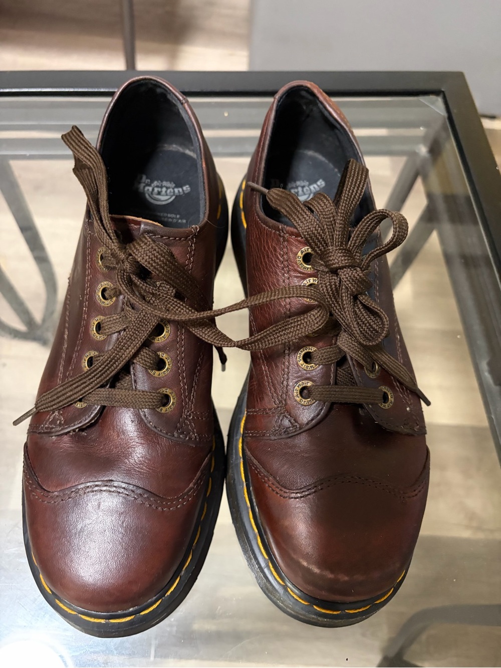 Dr. Martens Brown Leather Wingtip Derby Shoes with Yellow Welt